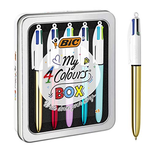 BIC 4 Colours Pens In A Special Metal Tin of 5 Pens, Includes mix of Shine and Bright Barrel Coloured Ink,Black, red, blue, green