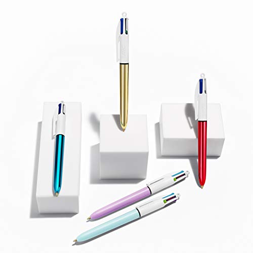 BIC 4 Colours Pens In A Special Metal Tin of 5 Pens, Includes mix of Shine and Bright Barrel Coloured Ink,Black, red, blue, green