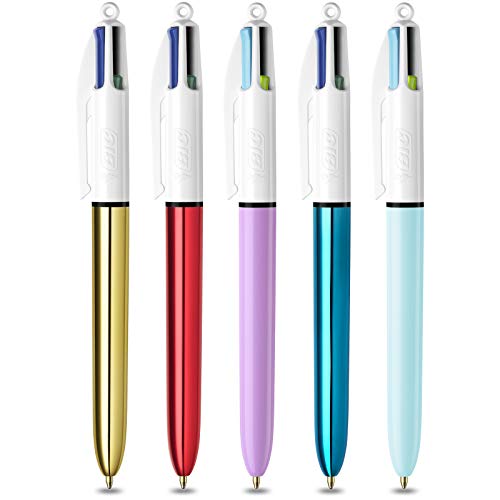 BIC 4 Colours Pens In A Special Metal Tin of 5 Pens, Includes mix of Shine and Bright Barrel Coloured Ink,Black, red, blue, green