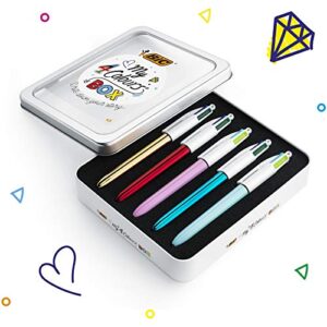 BIC 4 Colours Pens In A Special Metal Tin of 5 Pens, Includes mix of Shine and Bright Barrel Coloured Ink,Black, red, blue, green