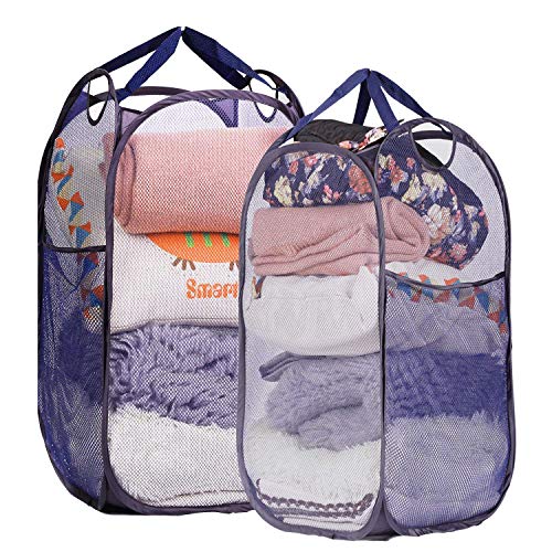 Mesh Pop-up Laundry Hamper, Folding Laundry Basket Tall Clothes Hamper with Durable Handles, 2 Pack Navy Blue