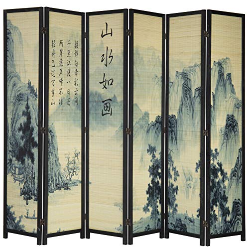 MyGift 6-Panel Bamboo Screen Freestanding Room Divider with Asian Calligraphy Artwork Design