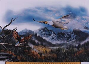 29.5" x 44" panel majestic bald eagles flying realistic birds mountains forest northwoods landscape scenic wildlife nature patriotic call of the wild digital print cotton fabric panel (q4489-sky-16)
