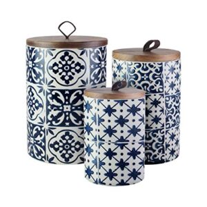 american atelier medallions canister set 3-piece ceramic jars in chic design with lids for cookies, candy, coffee, flour, sugar, rice, pasta, cereal & more blue