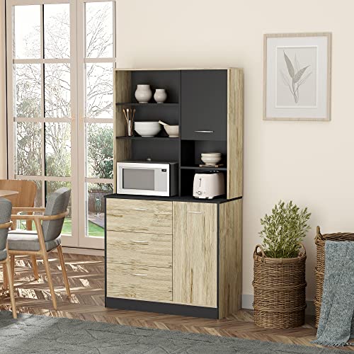 HOMCOM 67" Freestanding Buffet with Hutch, Kitchen Pantry Storage Cabinet with 3 Drawers, Cable Management, 4 Cubes, 2 Cabinets, Oak