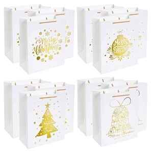 uniqooo 12pcs large white & metallic gold foil gift bags, 4 assorted xmas tree snowflake designs, perfect for christmas thanksgiving new year party favor