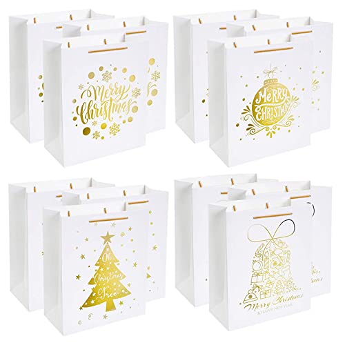 UNIQOOO 12Pcs Large White & Metallic Gold Foil Gift Bags, 4 Assorted Xmas Tree Snowflake Designs, Perfect for Christmas Thanksgiving New Year Party Favor