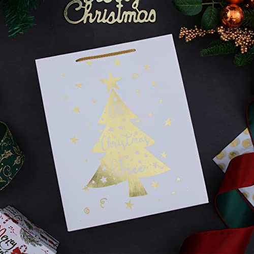 UNIQOOO 12Pcs Large White & Metallic Gold Foil Gift Bags, 4 Assorted Xmas Tree Snowflake Designs, Perfect for Christmas Thanksgiving New Year Party Favor