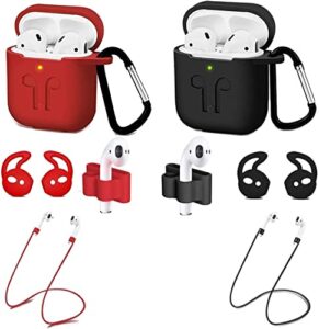 airpods case, airpods accessories kits, 2 packs protective silicone cover skin apple airpods anti-lost airbag belt,airpods ear hook for apple airpods 2nd 1st generation (black+red)