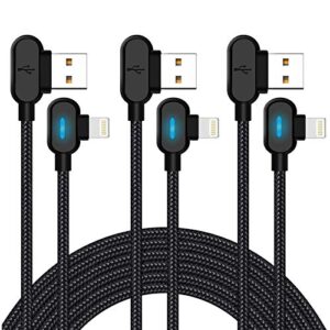 quickeep 90 degree iphone charger cable 3 pack 10ft right angle lighning cable with blue led light fast charging cable nylon braided cord compatible with iphone 12 11 xs max xr x 8 7 6s plus (black)