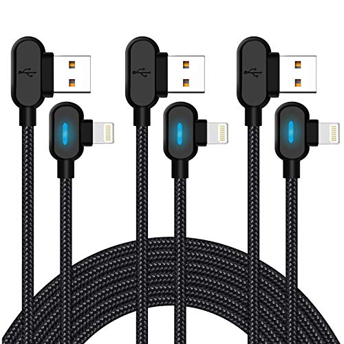 Quickeep 90 Degree iPhone Charger Cable 3 Pack 10ft Right Angle Lighning Cable with Blue LED Light Fast Charging Cable Nylon Braided Cord Compatible with iPhone 12 11 Xs MAX XR X 8 7 6s Plus (Black)