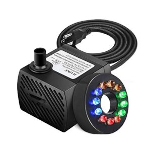 bestfire 90 gph (350l/h, 5w) submersible water pump, ultra quiet fountain water pump with 5.9ft power cord, 12 colorful leds, 2 nozzles for fish tank, aquarium(us plug)