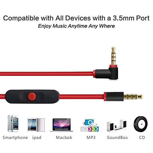 Learsoon Replacement Extension Audio Cable with Inline Remote & Mic Fit for Beats by Dr. Dre Solo Studio Wireless Pro Detox Mixr Executive Pill Headphones (Red+Black)