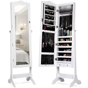 giantex jewelry armoire organizer box with mirror & 2 drawers, lockable floor standing jewelry cabinet with 14 auto-on led lights, full length for bedroom (white)