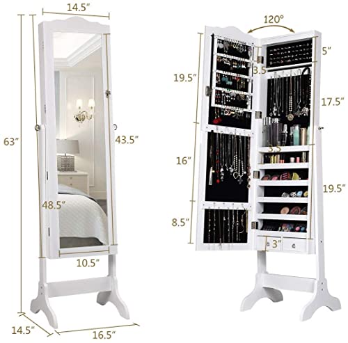 Giantex Jewelry Armoire Organizer Box with Mirror & 2 Drawers, Lockable Floor Standing Jewelry Cabinet with 14 Auto-on LED Lights, Full Length for Bedroom (White)