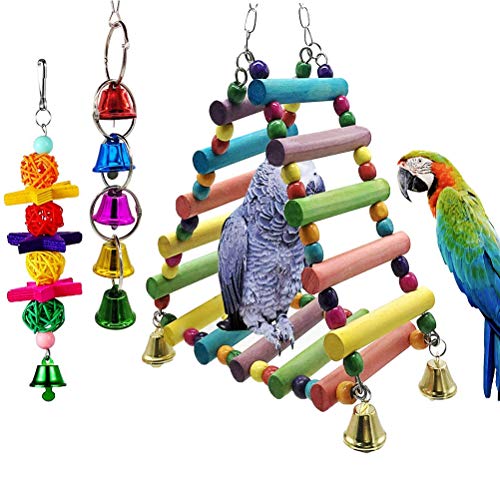 JpGdn 3PCS Bird Toys Hanging Bell Wooden Bridge Triangle Hammock Swing Parrot Chewing Toy for Small Parakeets Cockatiels Conures Macaws Parrots Love Birds Finches