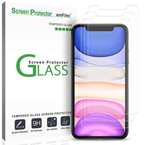 amfilm screen protector glass for iphone xr, apple iphone xr display with easy installation tray, tempered glass, 3 pack
