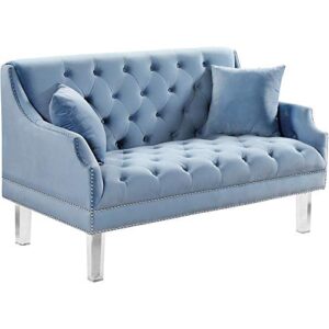 meridian furniture roxy collection modern | contemporary velvet upholstered loveseat sofa with luxurious deep tufting, nailhead trim and acrylic legs, sky blue