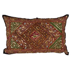 saro lifestyle collection cotton handmade sari sitara pillow with down filling, 14" x 22", multi