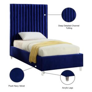 Meridian Furniture Candace Collection Modern | Contemporary Velvet Upholstered Bed with Deep Channel Tufting and Custom Acrylic Legs, Navy, Twin