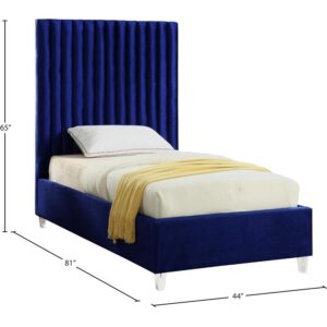 Meridian Furniture Candace Collection Modern | Contemporary Velvet Upholstered Bed with Deep Channel Tufting and Custom Acrylic Legs, Navy, Twin