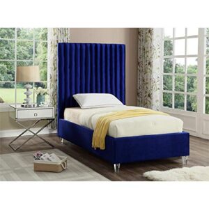 Meridian Furniture Candace Collection Modern | Contemporary Velvet Upholstered Bed with Deep Channel Tufting and Custom Acrylic Legs, Navy, Twin