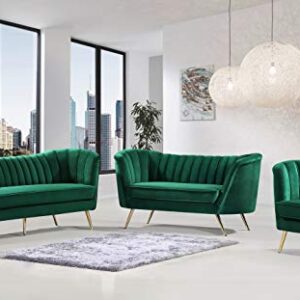 Meridian Furniture Margo Collection Modern | Contemporary Velvet Upholstered Loveseat with Deep Channel Tufting and Rich Gold Stainless Steel Legs, Green, 65" W x 30" D x 33" H