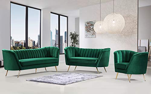 Meridian Furniture Margo Collection Modern | Contemporary Velvet Upholstered Loveseat with Deep Channel Tufting and Rich Gold Stainless Steel Legs, Green, 65" W x 30" D x 33" H