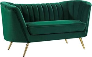 meridian furniture margo collection modern | contemporary velvet upholstered loveseat with deep channel tufting and rich gold stainless steel legs, green, 65" w x 30" d x 33" h