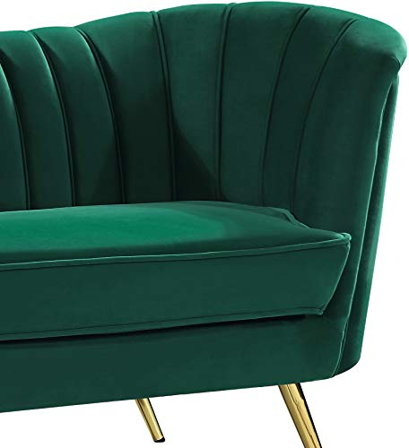 Meridian Furniture Margo Collection Modern | Contemporary Velvet Upholstered Loveseat with Deep Channel Tufting and Rich Gold Stainless Steel Legs, Green, 65" W x 30" D x 33" H