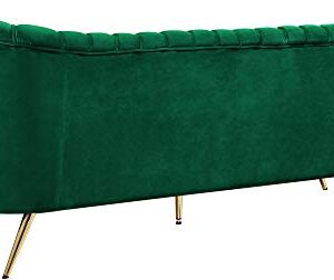 Meridian Furniture Margo Collection Modern | Contemporary Velvet Upholstered Loveseat with Deep Channel Tufting and Rich Gold Stainless Steel Legs, Green, 65" W x 30" D x 33" H