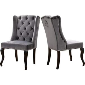 meridian furniture suri collection modern | contemporary velvet upholstered dining chair with wood legs, luxurious button tufting, nailhead trim, set of 2, 23" w x 26" d x 41" h, grey