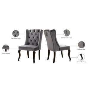 Meridian Furniture Suri Collection Modern | Contemporary Velvet Upholstered Dining Chair with Wood Legs, Luxurious Button Tufting, Nailhead Trim, Set of 2, 23" W x 26" D x 41" H, Grey