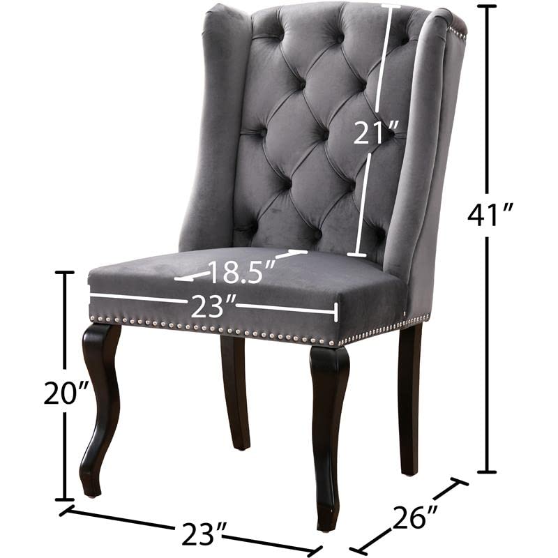 Meridian Furniture Suri Collection Modern | Contemporary Velvet Upholstered Dining Chair with Wood Legs, Luxurious Button Tufting, Nailhead Trim, Set of 2, 23" W x 26" D x 41" H, Grey