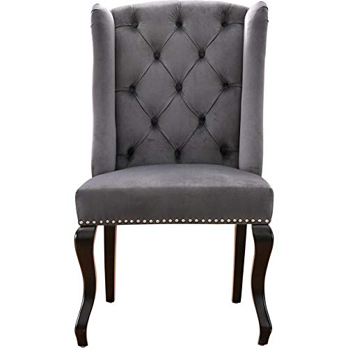 Meridian Furniture Suri Collection Modern | Contemporary Velvet Upholstered Dining Chair with Wood Legs, Luxurious Button Tufting, Nailhead Trim, Set of 2, 23" W x 26" D x 41" H, Grey