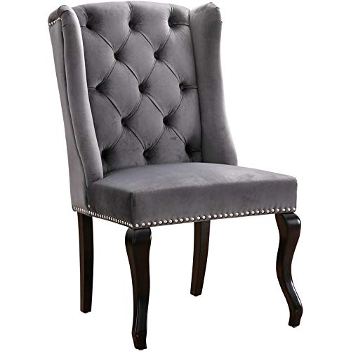 Meridian Furniture Suri Collection Modern | Contemporary Velvet Upholstered Dining Chair with Wood Legs, Luxurious Button Tufting, Nailhead Trim, Set of 2, 23" W x 26" D x 41" H, Grey