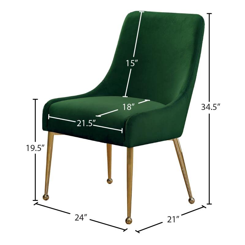 Meridian Furniture Owen Collection Modern | Contemporary Velvet Upholstered Dining Chair with Polished Gold Legs, Set of 2, 24" W x 21" D x 34.5" H, Green