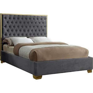 meridian furniture lana collection modern | contemporary velvet upholstered bed with deep detailed tufting and gold legs, queen, grey