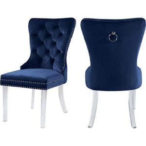 meridian furniture miley collection modern | contemporary velvet upholstered dining chair with deep button tufting and sturdy acrylic lucite legs, set of 2, navy, 21.5" w x 27" d x 40" h, blue