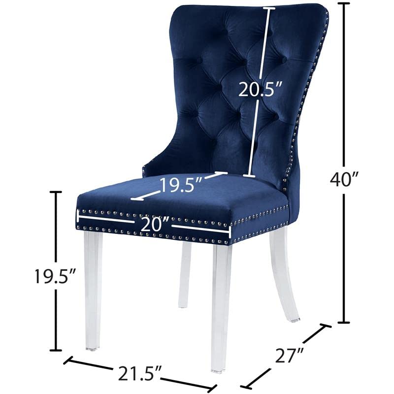 Meridian Furniture Miley Collection Modern | Contemporary Velvet Upholstered Dining Chair with Deep Button Tufting and Sturdy Acrylic Lucite Legs, Set of 2, Navy, 21.5" W x 27" D x 40" H, Blue