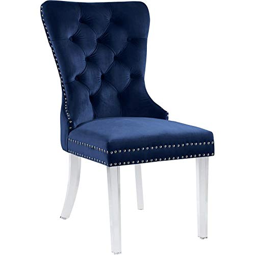 Meridian Furniture Miley Collection Modern | Contemporary Velvet Upholstered Dining Chair with Deep Button Tufting and Sturdy Acrylic Lucite Legs, Set of 2, Navy, 21.5" W x 27" D x 40" H, Blue