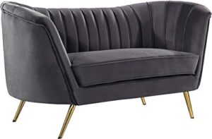 meridian furniture margo collection modern | contemporary velvet upholstered loveseat with deep channel tufting and rich gold stainless steel legs, grey, 65" w x 30" d x 33" h