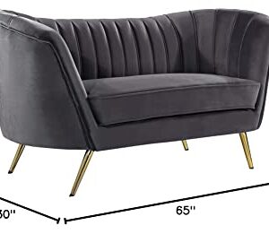 Meridian Furniture Margo Collection Modern | Contemporary Velvet Upholstered Loveseat with Deep Channel Tufting and Rich Gold Stainless Steel Legs, Grey, 65" W x 30" D x 33" H