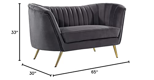 Meridian Furniture Margo Collection Modern | Contemporary Velvet Upholstered Loveseat with Deep Channel Tufting and Rich Gold Stainless Steel Legs, Grey, 65" W x 30" D x 33" H