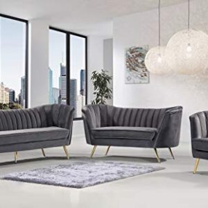 Meridian Furniture Margo Collection Modern | Contemporary Velvet Upholstered Loveseat with Deep Channel Tufting and Rich Gold Stainless Steel Legs, Grey, 65" W x 30" D x 33" H