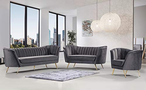 Meridian Furniture Margo Collection Modern | Contemporary Velvet Upholstered Loveseat with Deep Channel Tufting and Rich Gold Stainless Steel Legs, Grey, 65" W x 30" D x 33" H