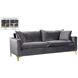 meridian furniture naomi collection sofa with stainless 1 modern | contemporary velvet upholstered stainless steel base in a rich gold or chrome finish, grey