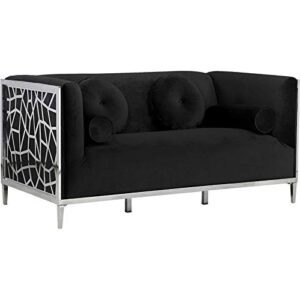 meridian furniture opal collection modern | contemporary velvet upholstered loveseat with intricate chrome stainless steel design, black, 64.5" w x 33.5" d x 30.5" h