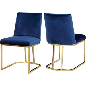 meridian furniture heidi collection modern | contemporary velvet upholstered dining chair with polished gold metal frame, set of 2, 19" w x 23" d x 32" h, navy