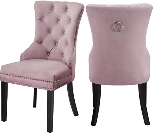 Meridian Furniture Nikki Collection Modern | Contemporary Velvet Upholstered Dining Chair with Wood Legs, Button Tufting, and Chrome Nailhead Trim, Set of 2, 23" W x 23" D x 40" H, Pink